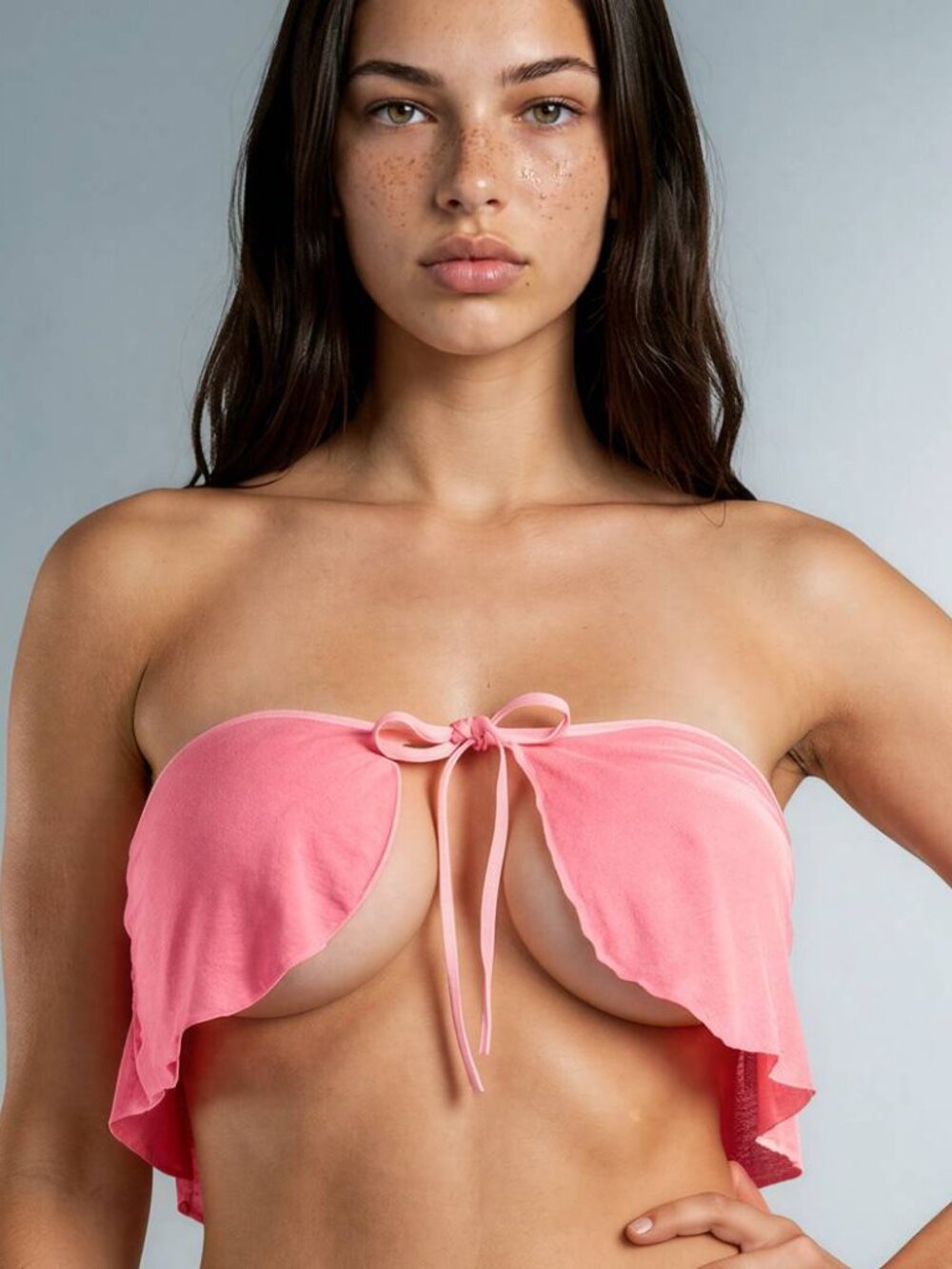 Reversible Tie-Front Ruffle Top in Semi-Sheer Jersey Fabric